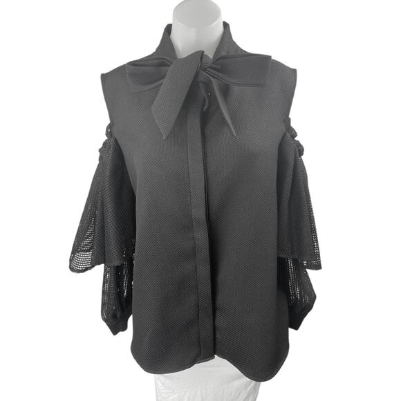 Twist Turn Women's Black Bow Tie Cold Shoulder Button Down Blouse Shirt Top M/L - Picture 1 of 5
